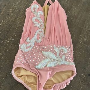 Dance Costume - CH MED - Pink Leotard with applique and stones